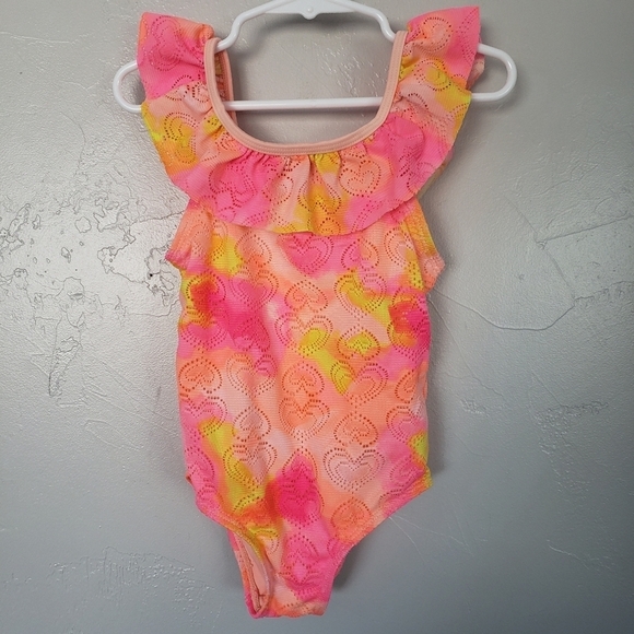 Wonder Nation Toddler Girl 4T One Piece Swim Suit Neon Orange Pink Yellow Hearts - Picture 1 of 5